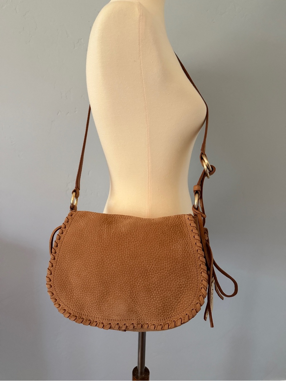 Cole Haan - Camel  - Pebbled Suede Saddle Crossbody Whipstitch